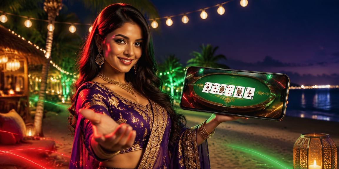 সেন্ট মার্টিনের সৈকতে তিন পাত্তি কার্ড গেম মোবাইলে উপভোগ করছেন একজন খেলোয়াড়
